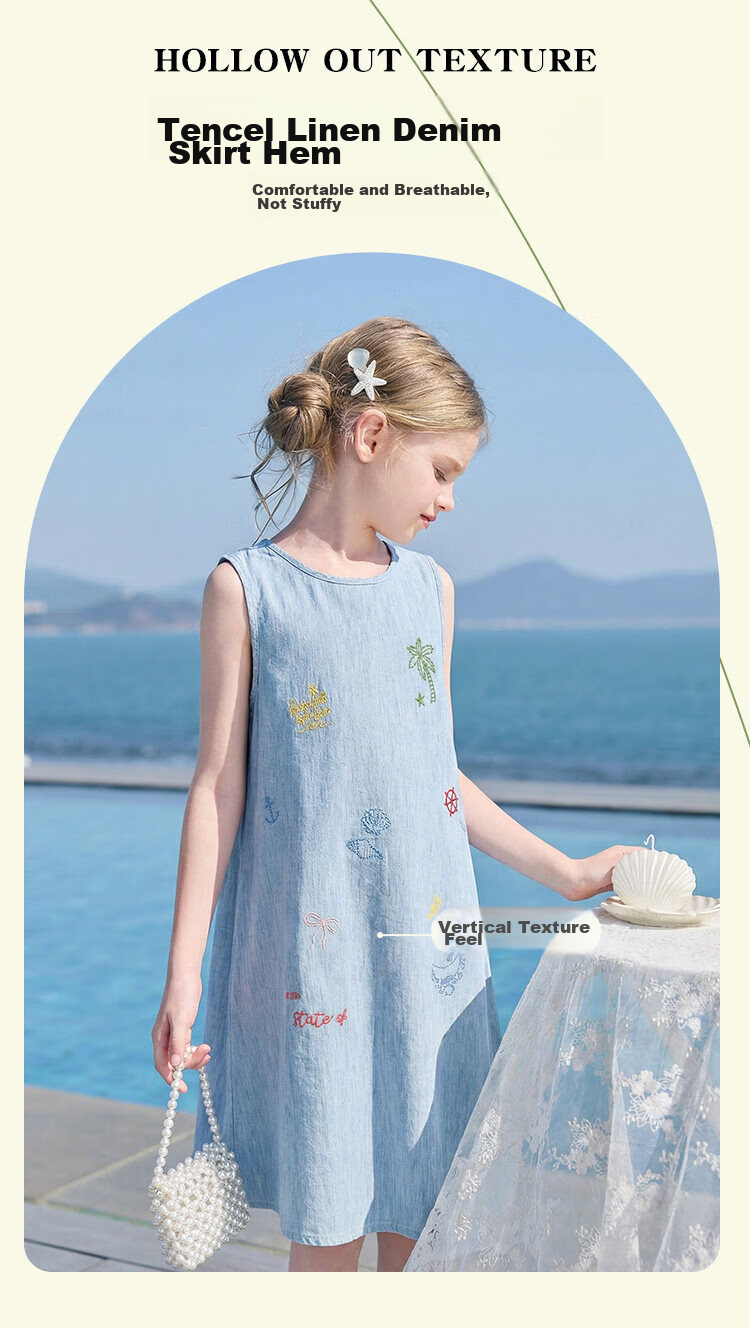 CHANZUIGOU Girls' Tencel Linen Denim Dress 2026 Summer New Elegant Printed Sleeveless Dress 5